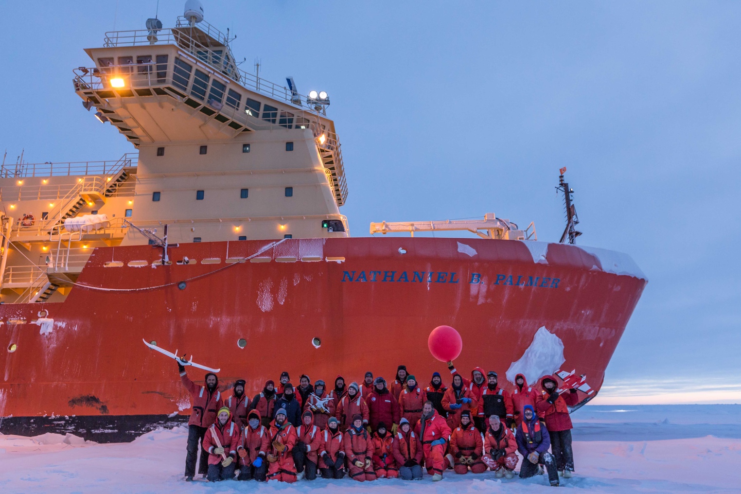 PIPERS science party in front of the R/V Nathaniel B. Palmer. Photo credit: NBP1705 PIPERS Science Support Team
